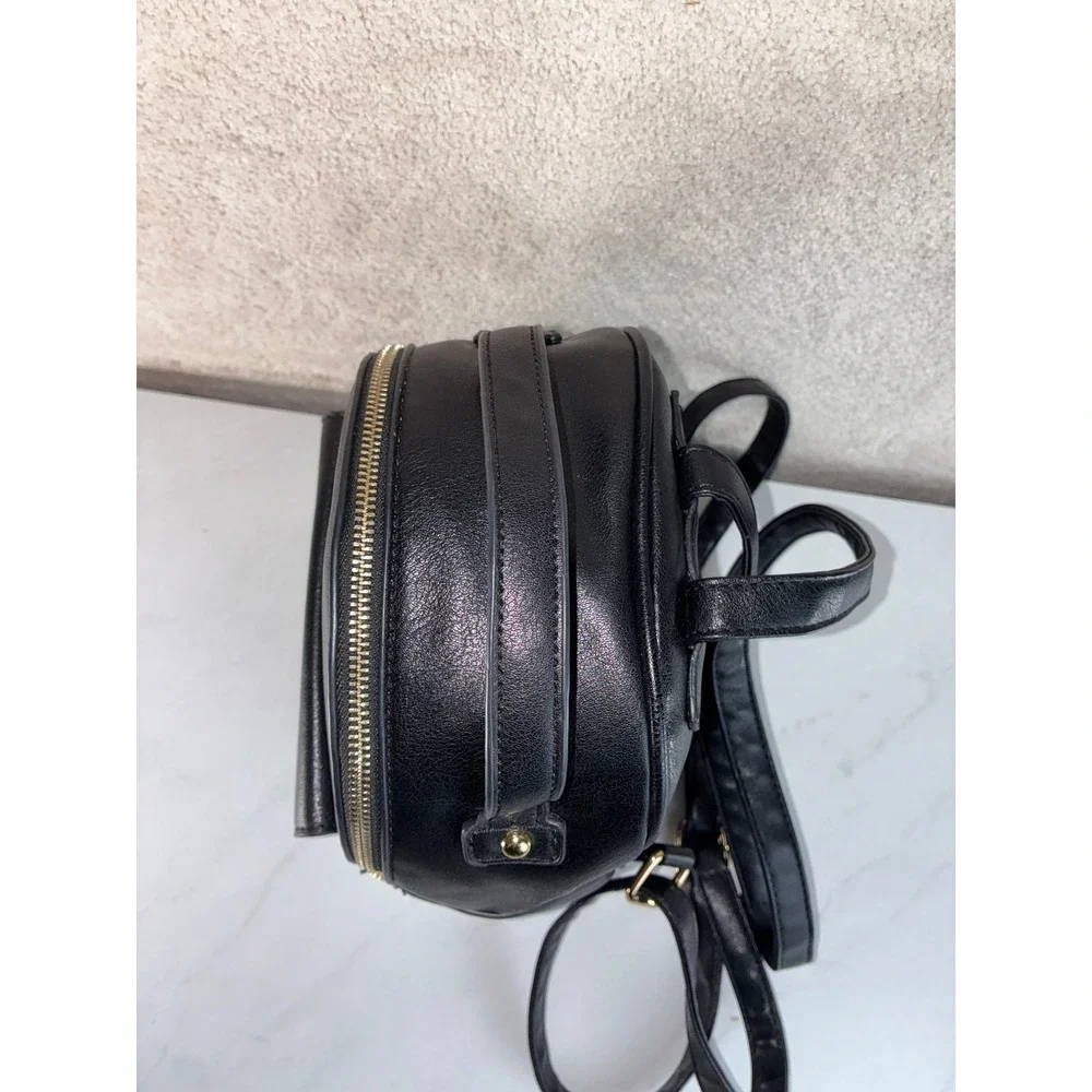 Black Faux Leather Mini Backpack - Small - Gold Hardware Chain Lining Chic Dark